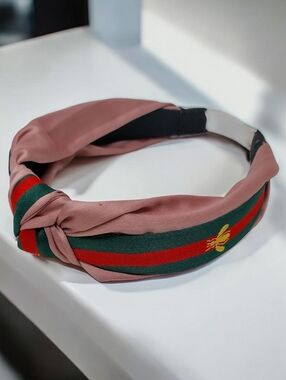 Luxe Satin Pink Knotted Stripe Headband with Embroidered Bee